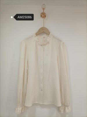 Crinkle Cotton High Neck Blouse – lace trim | XM Fashion Mfg