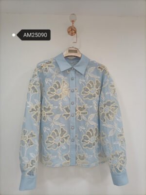 Floral Appliqué Collared Shirt – lace appliqué detail | XM Fashion Mfg