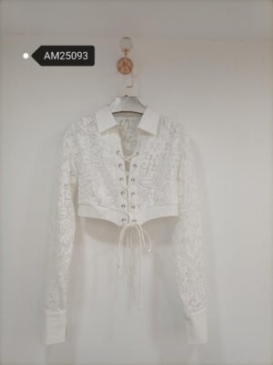 Lace-Up Cropped Lace Shirt – corset lace-up front | XM Fashion Mfg|Lace-Up Cropped Lace Shirt – back view | XM Fashion Mfg