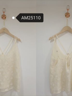 Strappy Textured Camisole Top – subtle metallic weave | XM Fashion Mfg|Strappy Textured Camisole Top – cross back detail | XM Fashion Mfg