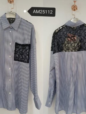 Striped Contrast Lace Back Shirt – lace pocket detail | XM Fashion Mfg|Striped Contrast Lace Back Shirt – black lace back yoke | XM Fashion Mfg