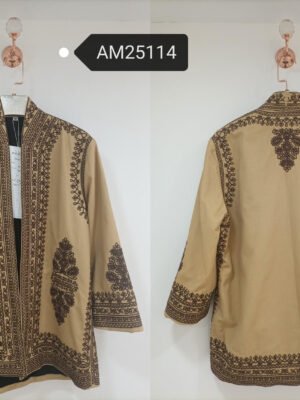 Embroidered Open Front Jacket – heavy embroidery detail | XM Fashion Mfg|Embroidered Open Front Jacket – brown colorway | XM Fashion Mfg