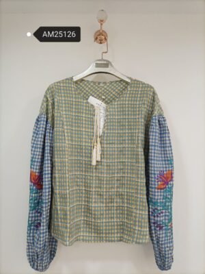 Mixed Plaid Embroidered Sleeve Blouse – floral embroidery | XM Fashion Mfg