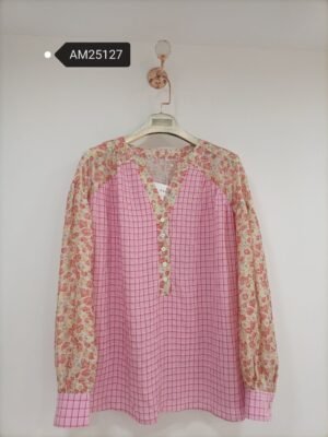 Mixed Print Floral Check Blouse – contrast floral sleeves | XM Fashion Mfg