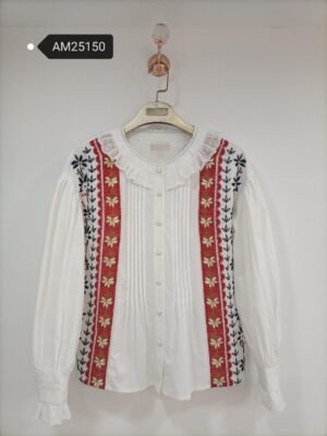 Floral Embroidered Ruffle Blouse – Cotton Blend – High-density floral embroidery and pintucks | XM Fashion Mfg