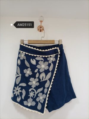 Floral Embroidered Wrap Skirt – Linen Blend – Large floral embroidery and crochet trim | XM Fashion Mfg