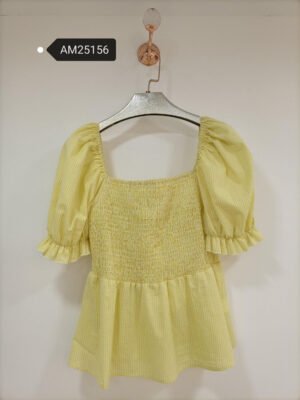 Gingham Smocked Peplum Blouse – Smocked bodice in yellow gingham | XM Fashion Mfg|Gingham Smocked Peplum Blouse – Blue gingham variant smocked bodice | XM Fashion Mfg
