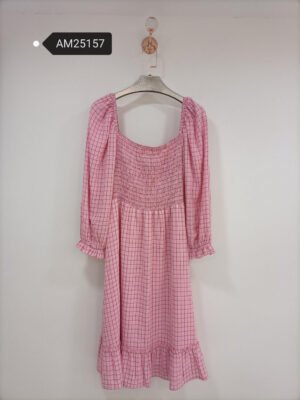Gingham Smocked Midi Dress – Pink – Smocked bodice and ruffle hem | XM Fashion Mfg