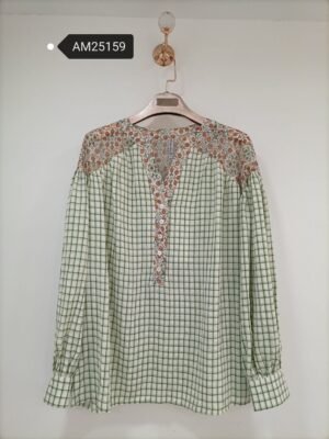 Mixed Print Tunic Blouse – Floral & Check – Spliced floral yoke and check body | XM Fashion Mfg