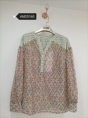 Floral Spliced Tunic Blouse – Floral body with check spliced shoulders | XM Fashion Mfg
