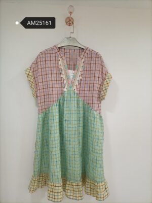 Mixed Check Tassel Trim Dress – Patchwork check and tassel neck trim | XM Fashion Mfg