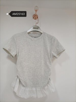 Marled Jersey Tee with Lace Hem – Soft grey jersey with sheer lace ruffle | XM Fashion Mfg|Marled Jersey Tee with Lace Hem – Full view grey tee with lace hem | XM Fashion Mfg