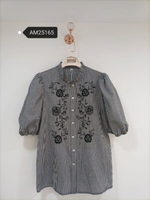 Gingham Embroidered Puff Sleeve Blouse – Black floral embroidery on gingham | XM Fashion Mfg