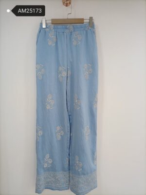 Floral Embroidered Linen Resort Pants – Light blue with white embroidery | XM Fashion Mfg
