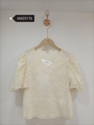 Sheer Floral Lace V-Neck Blouse – Cream lace with puff sleeves | XM Fashion Mfg