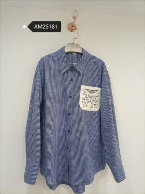 Gingham Check Shirt – Crochet Pocket – Blue check with contrast crochet | XM Fashion Mfg