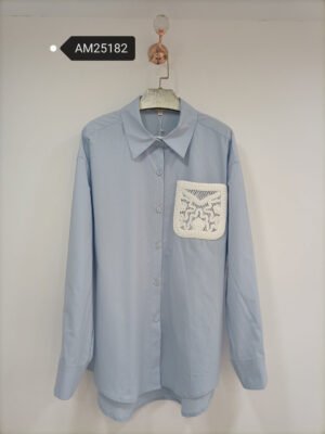 Classic Button-Up Shirt – Crochet Pocket – Solid light blue with white crochet | XM Fashion Mfg