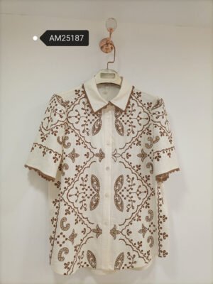Swirl Embroidered Scalloped Blouse – Heavy brown embroidery on cream | XM Fashion Mfg