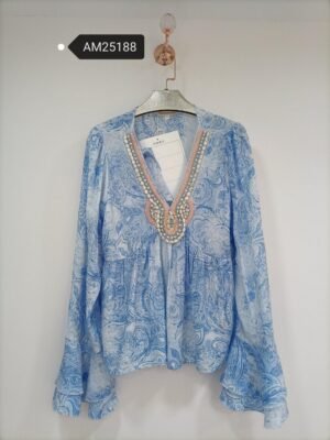 Paisley Print Beaded V-Neck Blouse – Blue paisley with heavy beadwork | XM Fashion Mfg