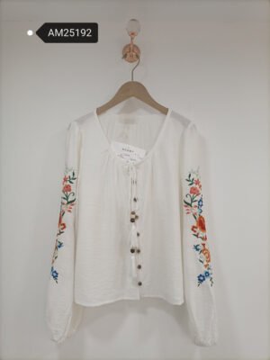 Floral Embroidered Sleeve Peasant Blouse – White top with colorful sleeve embroidery | XM Fashion Mfg