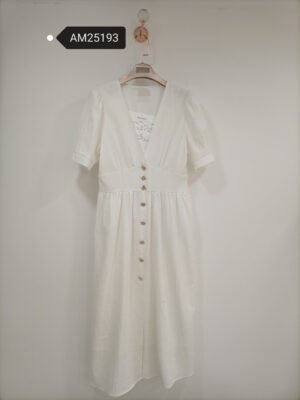Linen Blend Button-Front Midi Dress – White tailored midi with gold buttons | XM Fashion Mfg