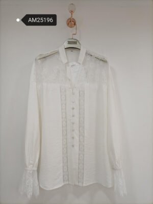 Sheer Lace Paneled Button-Up Blouse – White blouse with sheer lace shoulders and cuffs | XM Fashion Mfg