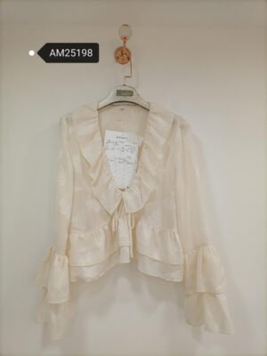 Ruffled Tiered Sleeve Tie-Front Blouse – Textured leaf jacquard | XM Fashion Mfg|Ruffled Tiered Sleeve Tie-Front Blouse – Lace hem variation | XM Fashion Mfg