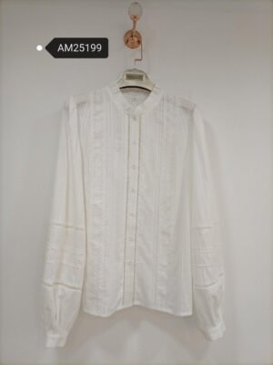 Pintucked Lace Insert Dobby Blouse – White dobby with pintucks and lace | XM Fashion Mfg