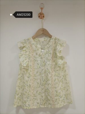 Floral Print Lace Insert Ruffle Blouse – Cream floral with lace and shoulder ruffles | XM Fashion Mfg