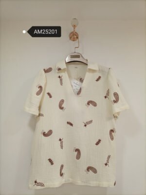 Paisley Embroidered Crinkle Top – Cream crinkle fabric with brown embroidery | XM Fashion Mfg