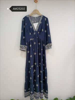 Geometric Embroidered Tiered Maxi Dress – Navy with white tribal embroidery | XM Fashion Mfg