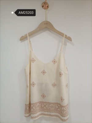Geometric Embroidered Camisole Top – Cream with brown border embroidery | XM Fashion Mfg