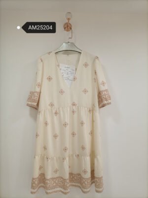 Geometric Embroidered Tiered Dress – Cream dress with brown embroidery | XM Fashion Mfg