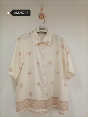 Geometric Embroidered Button-Up Blouse – Cream shirt with brown embroidery | XM Fashion Mfg