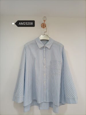 Striped Oversized Button-Up Shirt – Blue and white stripe with directional pocket | XM Fashion Mfg