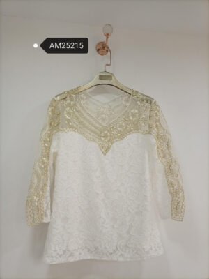 Sheer Lace Yoke Long Sleeve Blouse – Gold floral lace and white sweetheart bodice | XM Fashion Mfg
