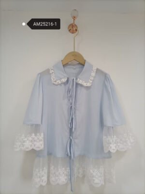 Lace Trim Tie-Front Blouse – Light blue with white lace collar and hem panels | XM Fashion Mfg