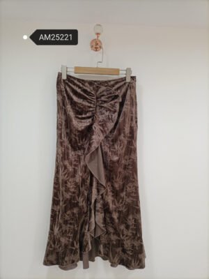Velvet Burnout Ruched Skirt – Brown botanical burnout velvet with front ruffle | XM Fashion Mfg