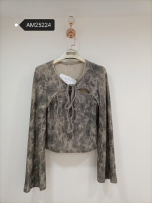 Textured Cut-Out Bell Sleeve Top – Grey mottled cut-out top with bell sleeves | XM Fashion Mfg