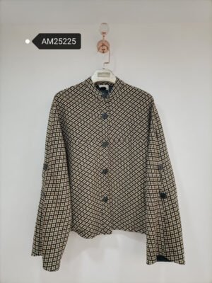 Geometric Print Button-Up Jacket – Black and beige geometric floral jacket | XM Fashion Mfg