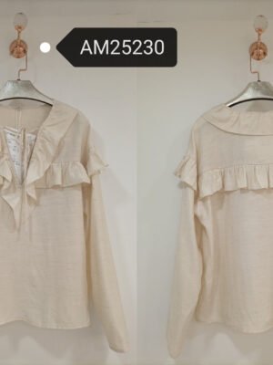 Ruffle Trim Tie-Front Blouse – Cream blouse with ruffle yoke | XM Fashion Mfg