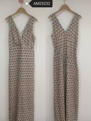 Geometric Print Sleeveless Maxi Dress – Beige and brown geometric print wrap dress | XM Fashion Mfg