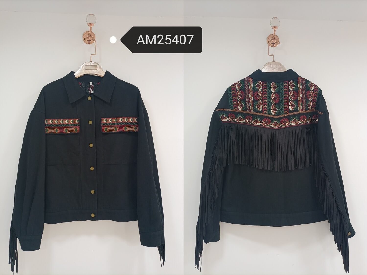 am25407 Folk Embroidered Fringe Jacket – Black | MX Craft Studio