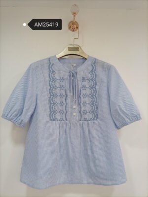 Gingham Embroidered Puff Sleeve Top | MX Craft Studio