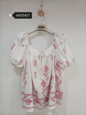 Embroidered Puff Sleeve Top – Pink Floral | MX Craft Studio