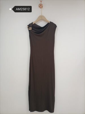 Asymmetric Draped Maxi Dress – Gold shoulder clasp | XM Fashion Mfg