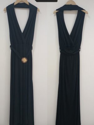 Plunging Halter Maxi Dress – Sunburst buckle belt | XM Fashion Mfg