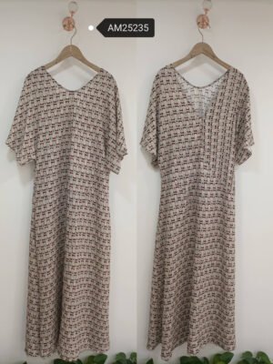 Geometric Print V-Neck Maxi Dress – Dolman Sleeve Flowy Tencel | XM Fashion Mfg