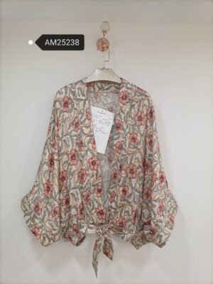 Floral Kimono Tie-Front Jacket – Contrast Piping Bell Sleeve | XM Fashion Mfg