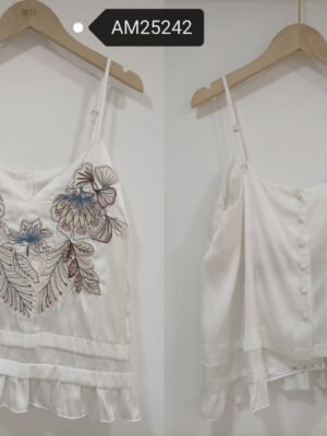 White Embroidered Silk Cami – Contrast Chest Embroidery Back Button | XM Fashion Mfg